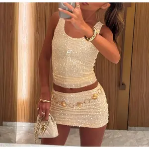 Women 2pcs Set Sequin Sleeveless Tank tops With Mini Skirt（gift）