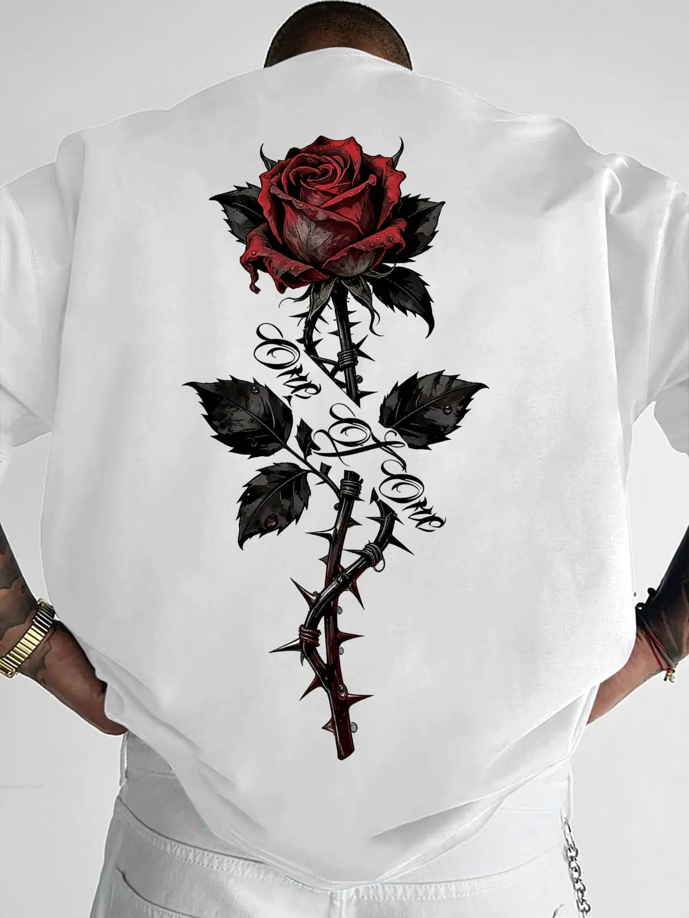 Gothic Rose T-Shirt Men's Gothic Floral T-Shirt - Rose Print with Thorn Accents - Dark Style Eye-Catching Streetwear