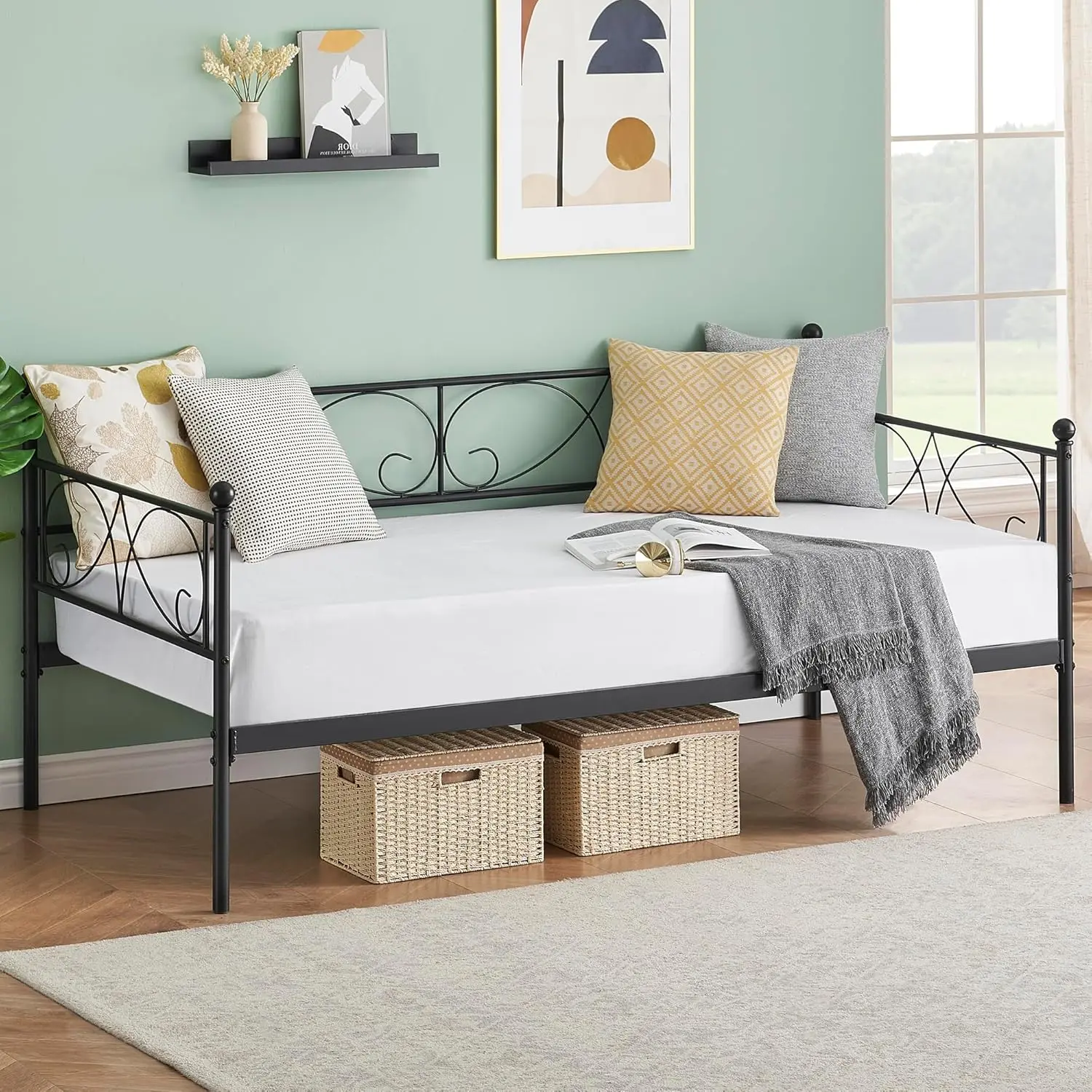 Metal Daybed Frame Twin Size Bed Sofa with Headboard Platform Bed Frame with Steel Slat Support for Kids Teens Adults No Box Spring Needed Black