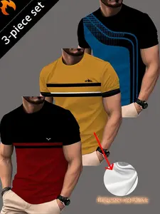 3pcs Pc (3pcs) Men's Quick-Dry Stretchable T-Shirts - Moisture-Wicking Short Sleeve Round Neck Striped Athletic Sporty Tees Suitable for Summer Outdoor Sports, Running, Gym & Casual Wear, Machine Washable Polyester Tops