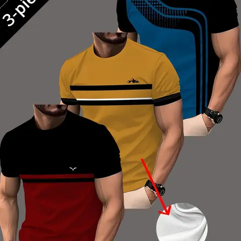 3pcs Men's Quick-Dry Stretchable T-Shirts, Active Tops - Moisture-Wicking Short Sleeve Round Neck Striped Athletic Tees, Fitness Tee Suitable for Summer Outdoor Sports, Gym & Casual Wear, Machine Washable Polyester Tops