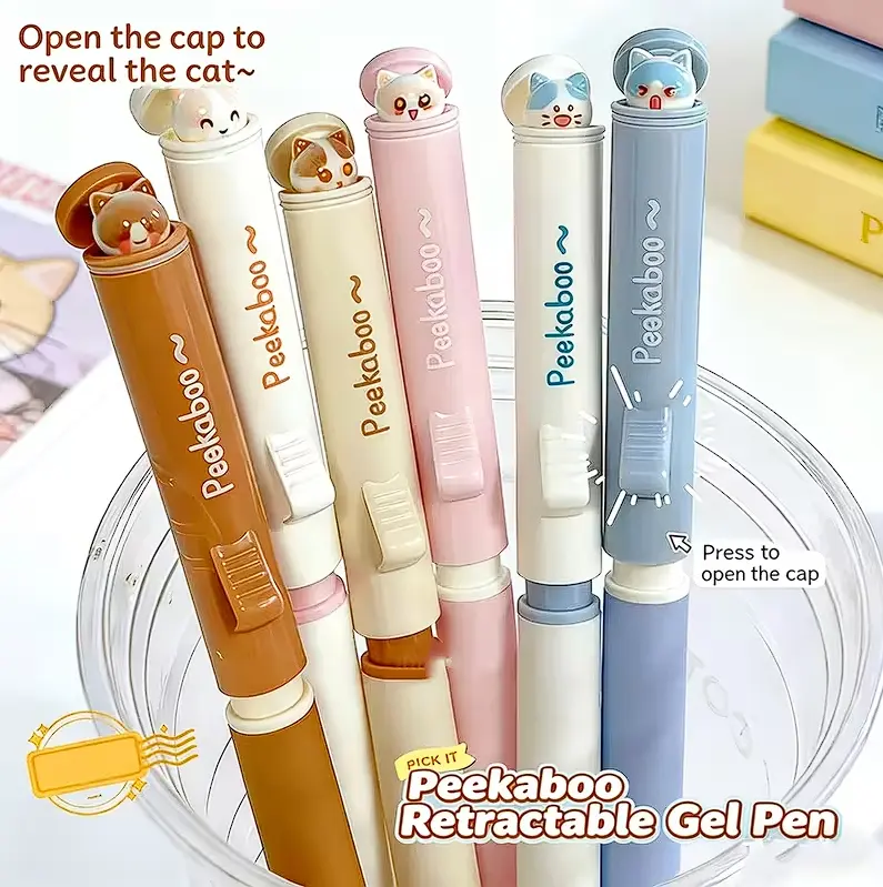Noluck 6pcs Cute Kitten Click Ballpoint Pens, 0.5mm Black ST Refills, Quick-Drying Click Mechanism, Smooth Writing, Pens for Work, Office Stationery, Valentine's Day Commemorative Gift, Cute Pens