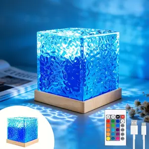16-Color Changing LED Water Ripple Aurora Projector - Dimmable USB-Powered Ambient Lamp with Wood Base, Crystal Design, Multi-Level Brightness, Modern Home Decor, Desktop Festive Decoration Gift