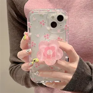 Cute Quicksand Pink Flower Holder Phone Case For iPhone 16 15 14 13 12 11 Pro Max XR X XS 7 8 Plus Stand Floral Clear Soft Cover Protection Protective