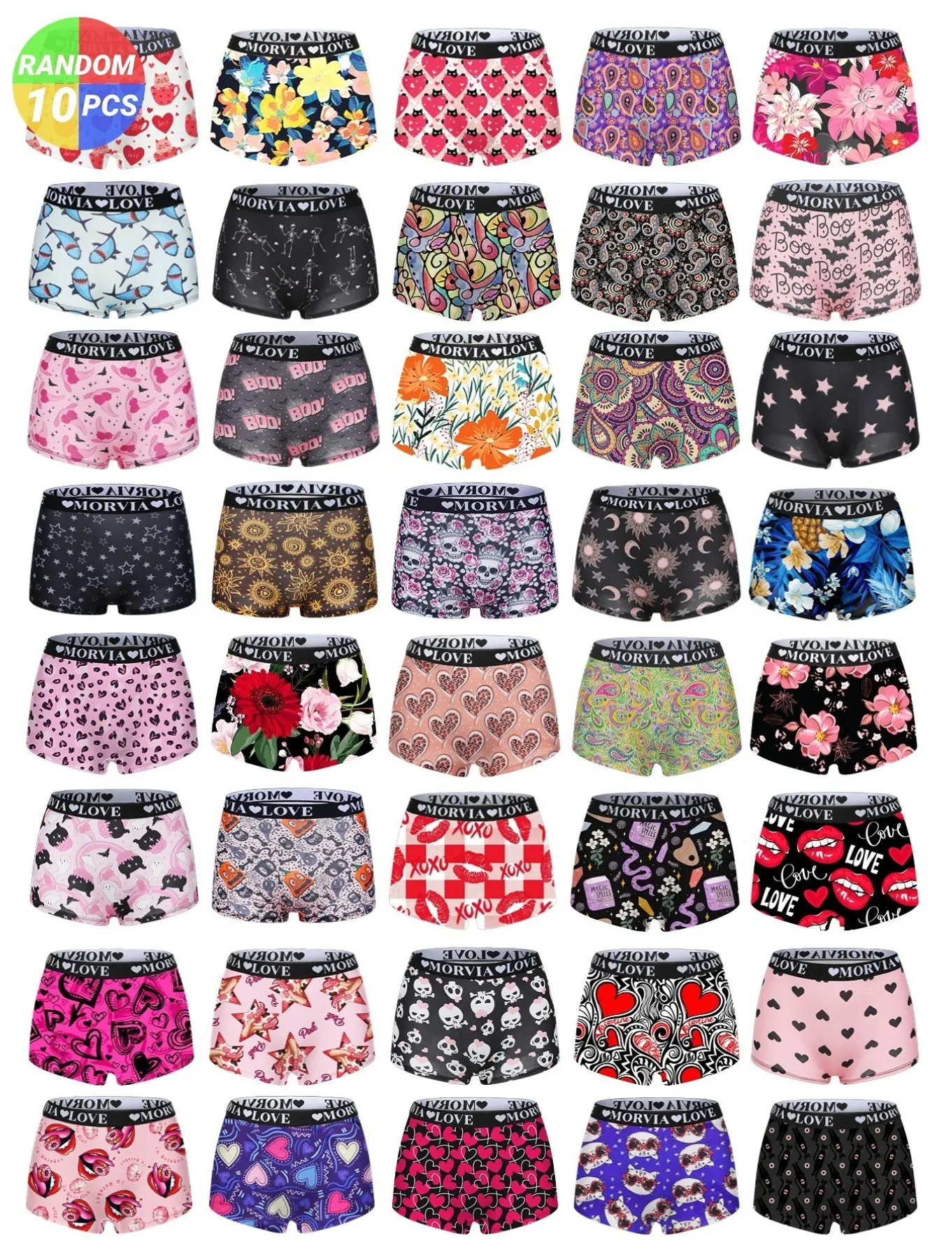 Women's Morvia 10-Pack Random Prints Boyshorts, Soft Comfortable Stretch Elastic-Waist Underwear for All-Season, Casual Fitted Design Fashion Comfy Underwear, Casual Comfy Panty, Casual Panties