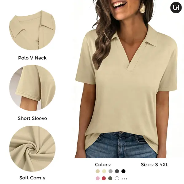 UNCLECAT Women's Basic Loose Short-Sleeve V-Neck Collared Polo Shirts, Business Casual Summer Dressy Tops, Outdoors, Relaxed Fit, Breathable Fabric, Slimming Cut, Poly-Cotton Mix, Solid Plain, 62% Polyester, 34% Cotton, 4% Spandex