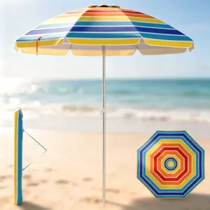 6.5ft UPF50+ Beach Umbrella, Portable Windproof Patio Umbrella with Sand Anchor & Tilt, Silver-Coated Sun Protection Umbrella with Carry Bag for Beach, Pool & Garden outdoorfun