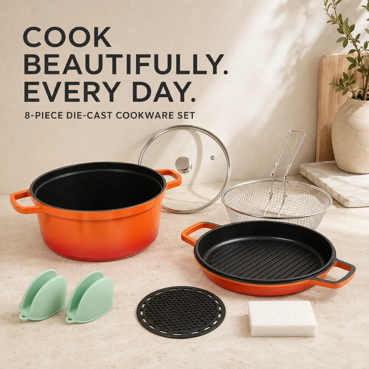 8-Piece Ceramic Nonstick Enameled Aluminum Pots and Pans Set, Pink Gradient Cookware Set with Grill Pan, Casserole Pot, Glass Lid, Fryer Basket, Silicone Handle Covers and Mat, Induction Ready, Oven and Dishwasher Safe, Easy Clean, Pink non sstick
