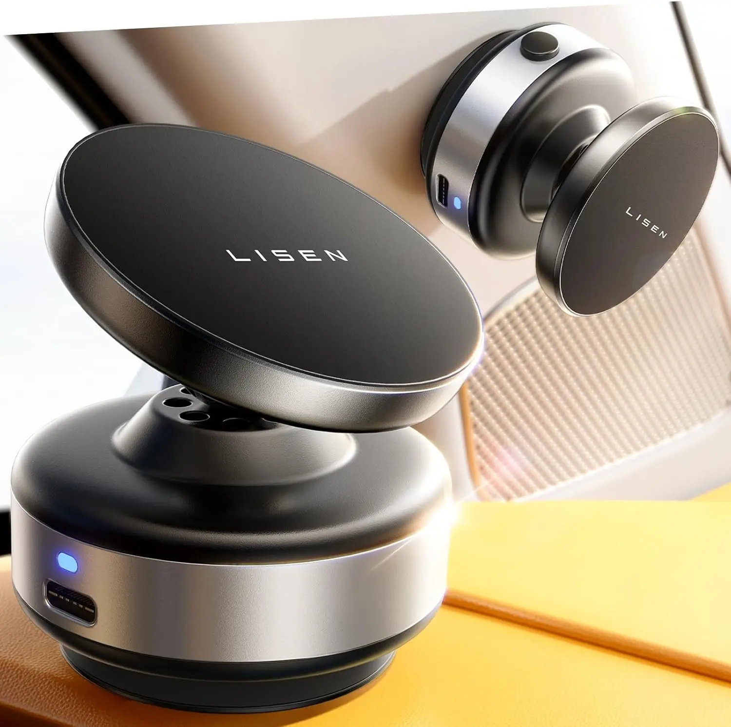 LISEN Suction Phone Mount Mini Portable Super Stable Electric Vacuum Magnetic Phone Holder 360° Adjustable Vlogging Travel Multi-Scene Use for iPhone 16e 16 Pro Max 15 14 13 12 Compact Smartphone Cellphone Stand