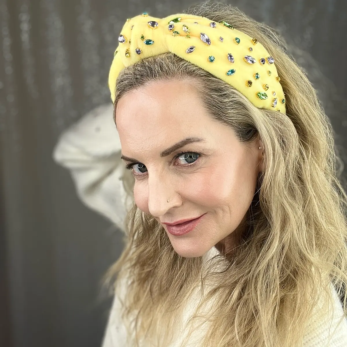 Wildflower Pastel Crystal Crown Luxury Jeweled Yellow Headband with 80+ Hand Sewn Multi Sized Glass Crystal Gems, Ultra Lux Fashion, Limited Edition