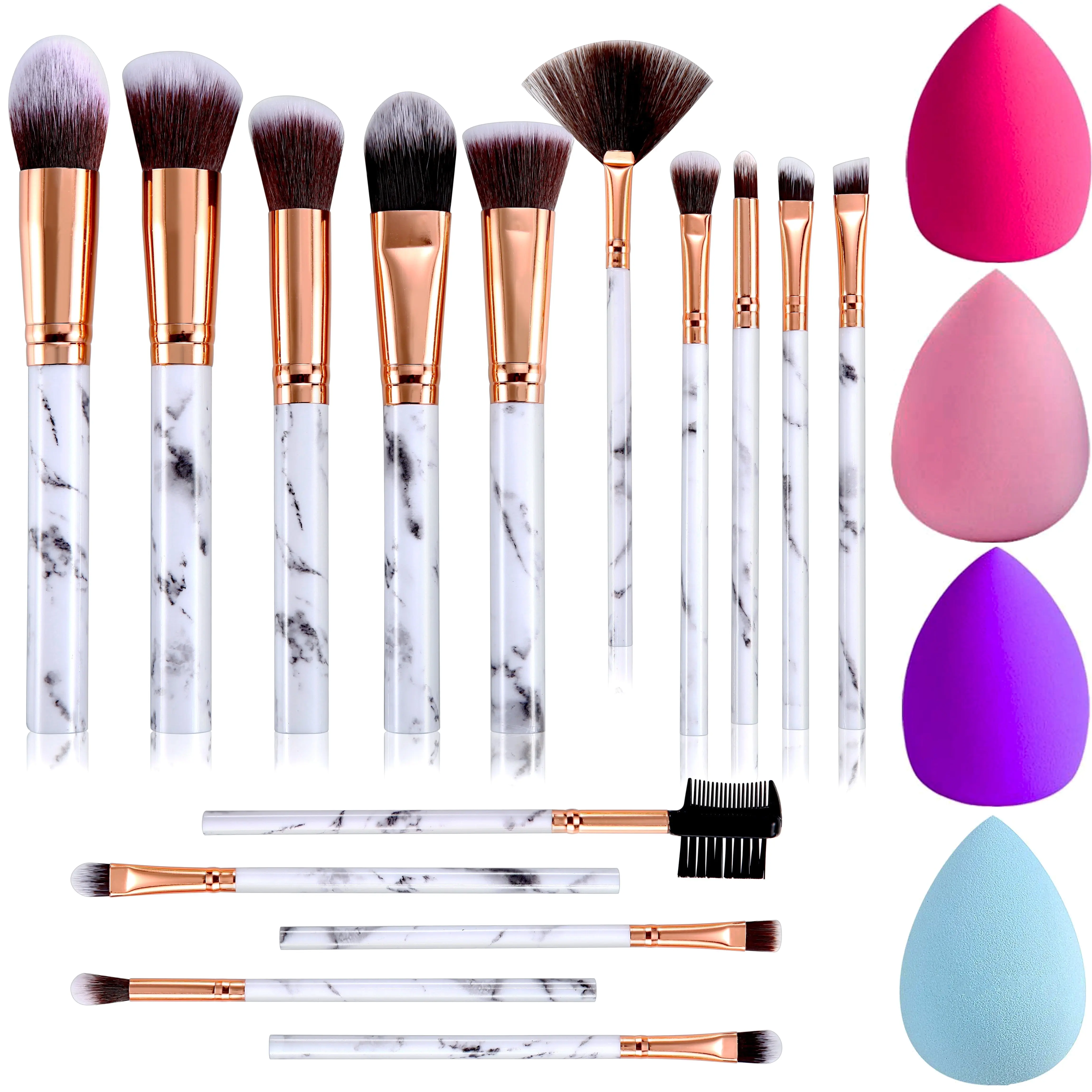 DUAIU Makeup Brushes 15PCS Marble Design with 4 Sponges - Chic White Marble, Soft Synthetic Bristles, Hypoallergenic, Perfect for Flawless Application, Gift-Ready Collection