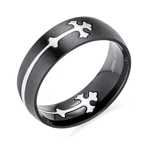 Religious Maltase Fleur De Lis Cross Black Puzzle Band Ring Stainless Steel
