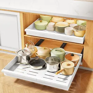 Pull out Cabinet Organizer 2-Pack Expandable(13.6"-24") Silde out Drawers with Raising Pad for Framed Cabinets, Adjustable Full-Extension Adhesive Roll out Shelves for Kitchen Pantry Home Pot and Pan