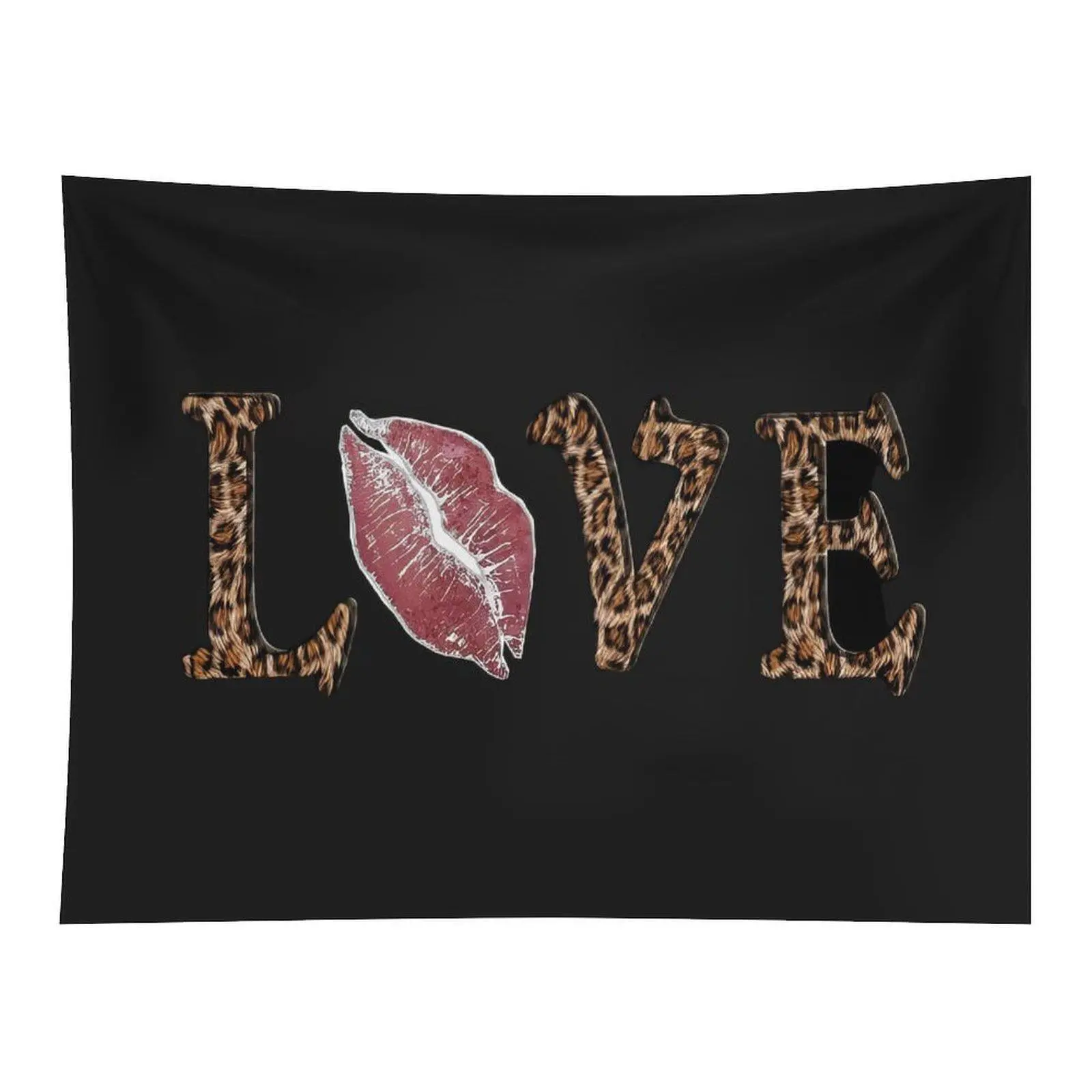 Leopard Print Wall Tapestry with Black Background, Bold Lettering "LOVE" and Red Lip Print, Trendy Fashion Room Decor for Home Wall Decoration