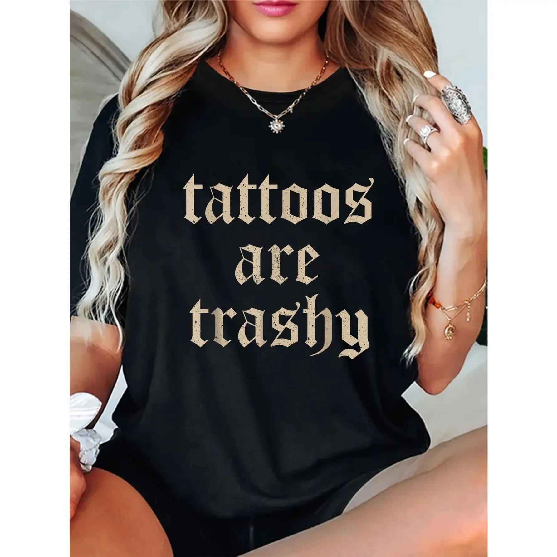 Women's Edgy Graphic T-Shirt with "Tattoos Are Trashy" Slogan, Casual Short-Sleeve Cotton Top in a Vintage Gothic Font, Shortsleeve, Fitted, Alternative Style