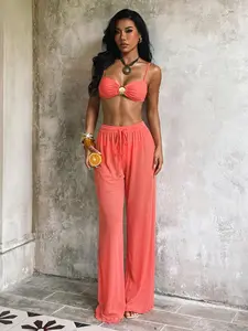 Summer Bikini Set with Sheer Wide-Leg Sun Protection Pants Push Up Micro Triangle Bra for Beach Days Fitted Sexy Design Bikini Swimsuit