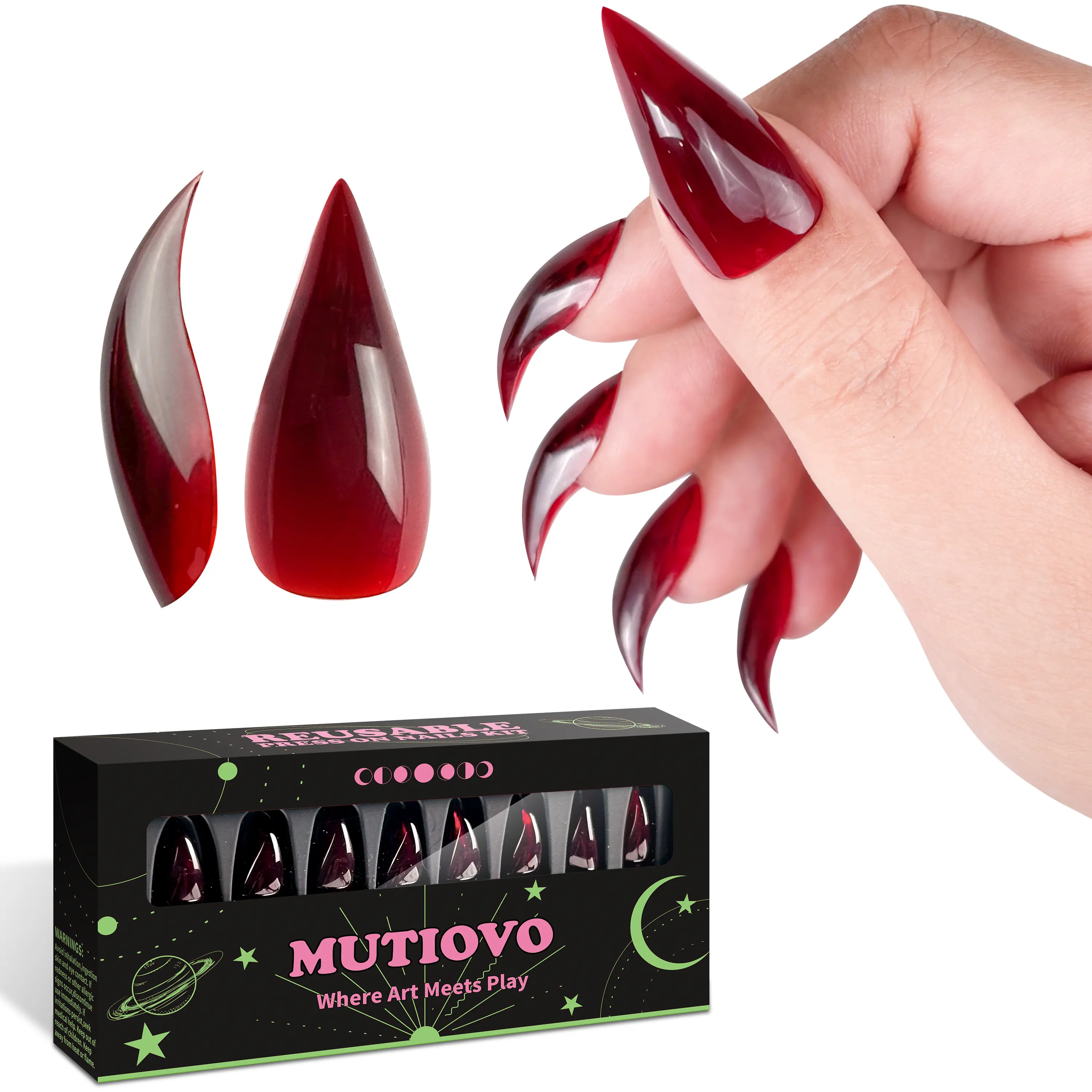 Reusable Press on Nails Cat Claw Burgundy Red