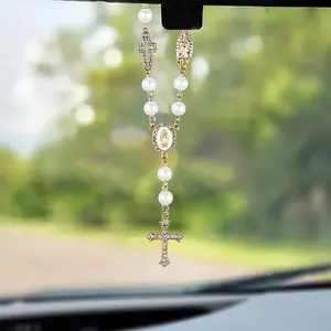 1PC Holy Cross Car Mirror Pendant - Pearl Prayer Bracelet Set for Women Men, Baptism Gift, Car Decor Accessories, Car Hanging Decoration, Safe Legal Accessories, Car Ornament