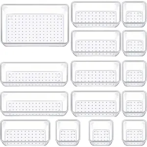 Set of 15 Drawer Organizers, 4 Sizes Clear Plastic Drawer Organizers and Storage Bins for Kitchen, Bathroom, Office, Dresser Desk Organizer Tray for Jewelry, Makeup, Junk, Gadgets