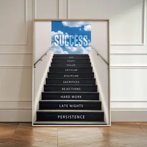 Entrepreneur Success Stairs Canvas Print, Motivational Office Wall Art Decor Inspirational Business Growth Quote Artwork Success Goal Poster