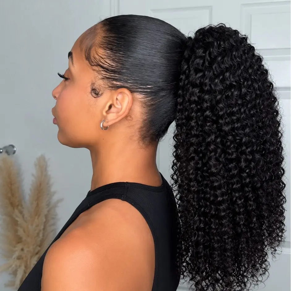[250% 18''=105.23$] Arabella Ponytail 100% Virgin Human Hair 250% Density Afro Kinky/Burmese Curly/Yaki Straight with Finger Curls Glueless Ponytail for Beginners Put On Go