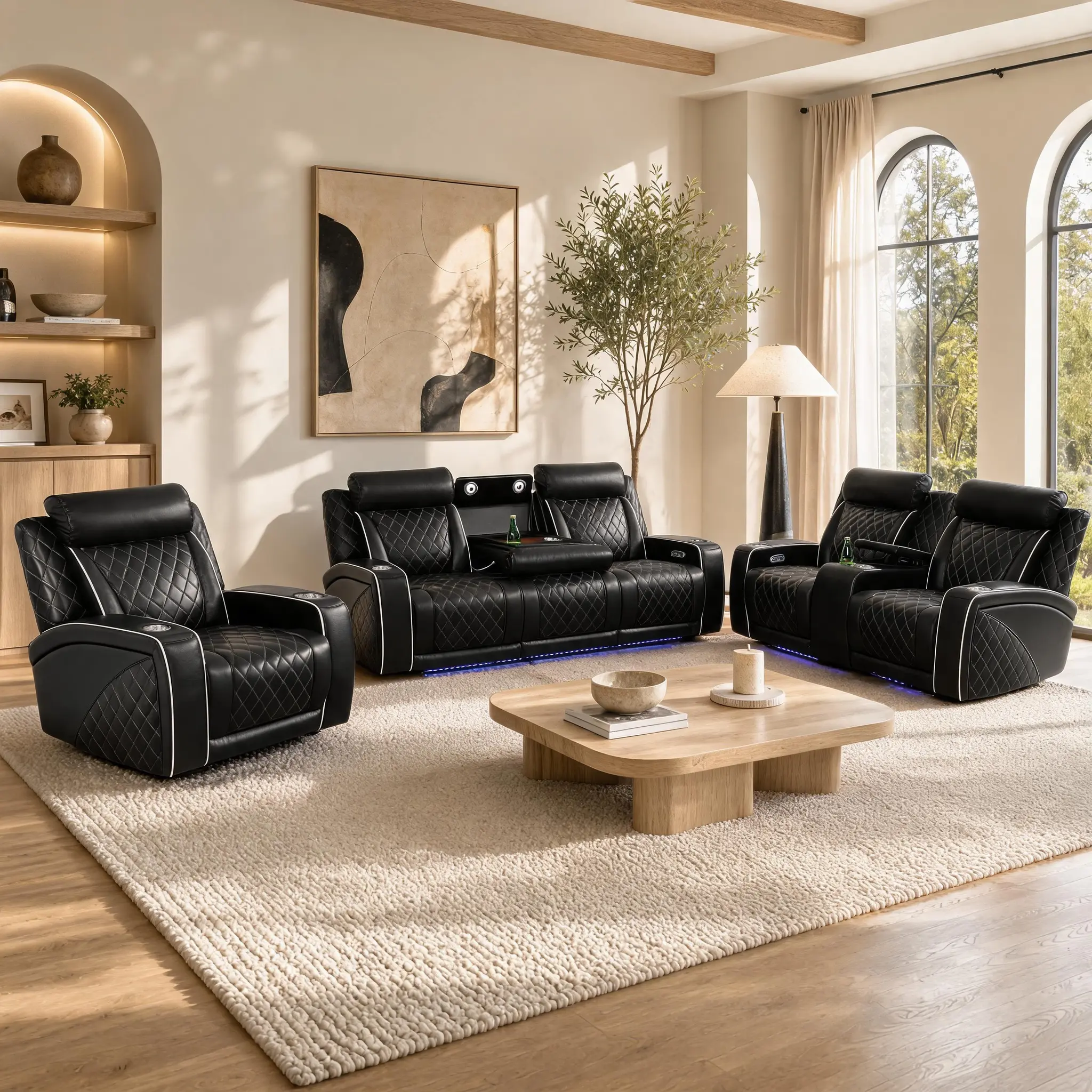Aainehome 3-Piece Black Breathable Leather Living Room Functional Sofa Set with Luxury LED Recliner & Charging Electric Features