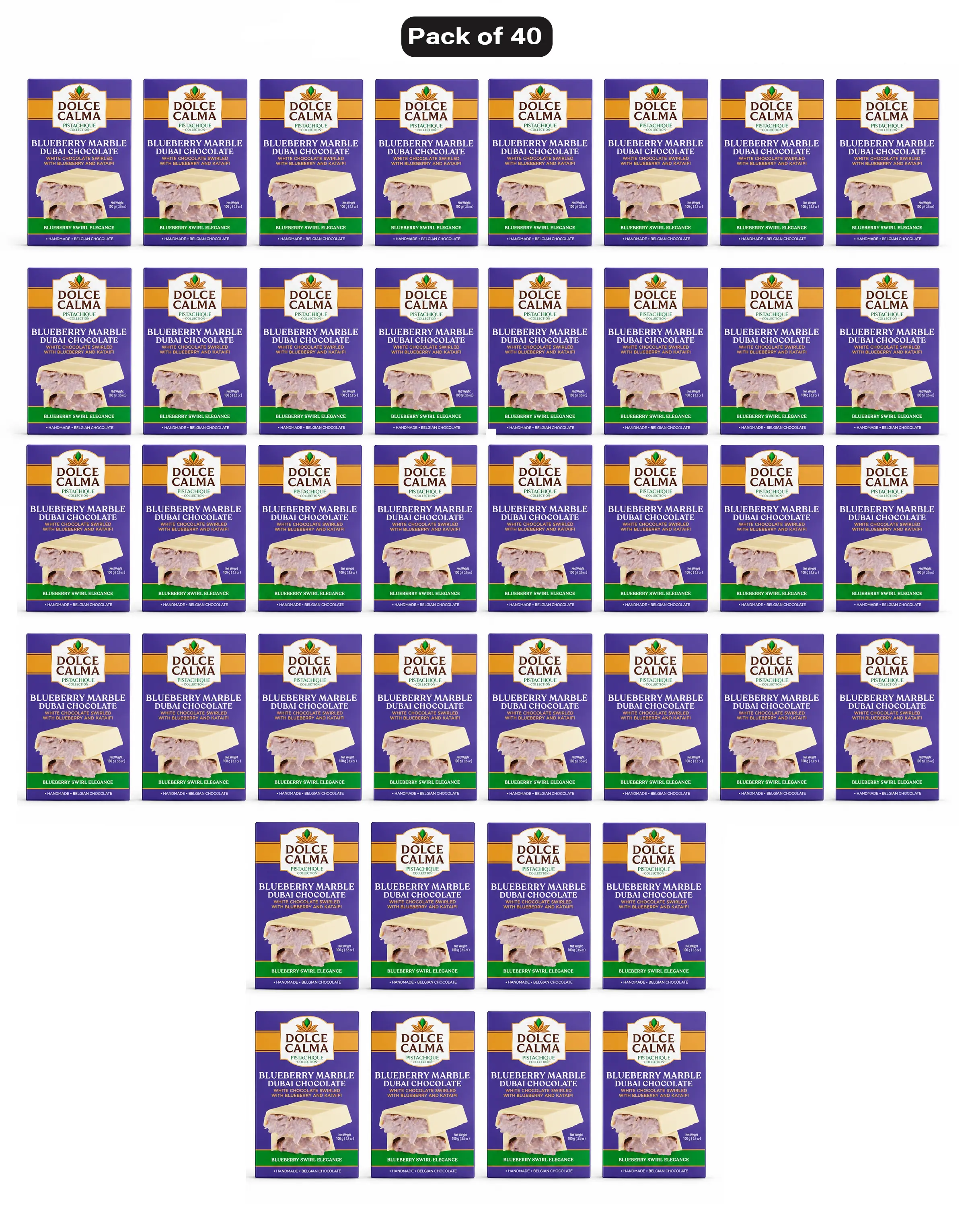 Dolce Calma Blueberry Dubai Chocolate Bar (100g/3.5oz) - Pack of 40 Authentic Handmade Belgian Chocolate, Turkish Pistachio, Crispy Kataifi Kunafa Filling, No Palm Oil, Ships With 2 Ice Gel Packs