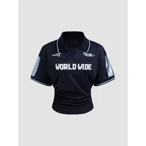 Cider [2 colors, size 2-26] WORLD WIDE NO.39 Polo Contrasting Binding Ruched Short Sleeve Tee