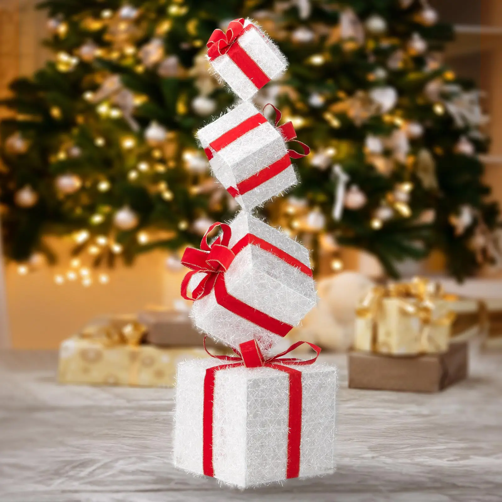 3FT Lighted Gift Box Tower – Pre-lit Stacked Present Boxes (80 Warm White LEDs + Stakes) for Indoor/Outdoor Christmas Decor
