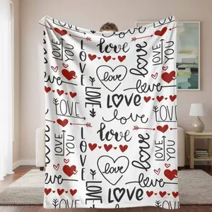 Romantic Love Phrase Flannel Blanket Heart and Arrow Pattern Soft Cozy Lightweight for Bedroom Sofa Valentine Gift Anniversary Decor