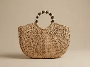 Woven Bamboo Handle Purse - Vintage Style Rattan Tote