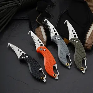 4PC pocket knives, for daily use sawtooth rope cutting hook knife, portable key chain express knife, outdoor survival mini knife, wild camping life-saving tool EDC