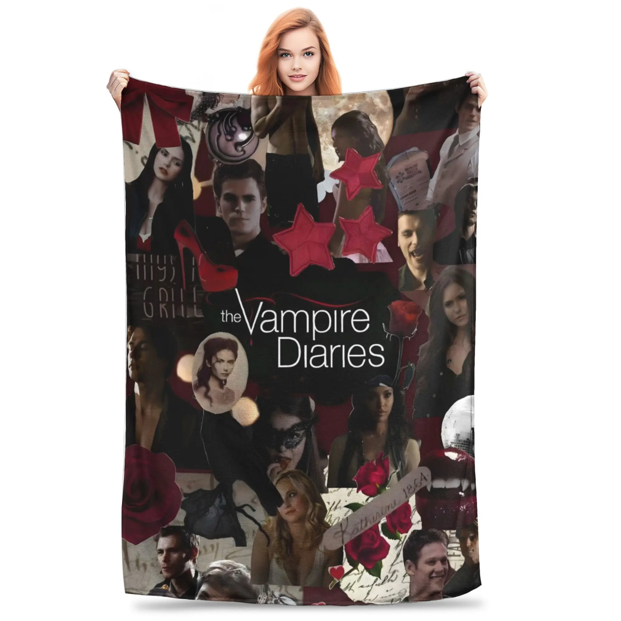 The Vampire Diaries TVD Character Collage Soft Plush Blanket - 100% Polyester Tufted Fabric, Cooling, Breathable, Wrinkle-Resistant All-Seasons Bed/Sofa Throw - Collectible Gift for TVD Fans (Bonnie Bennett, Damon & Elena, Stefan, Katherine, Matt Donovan)