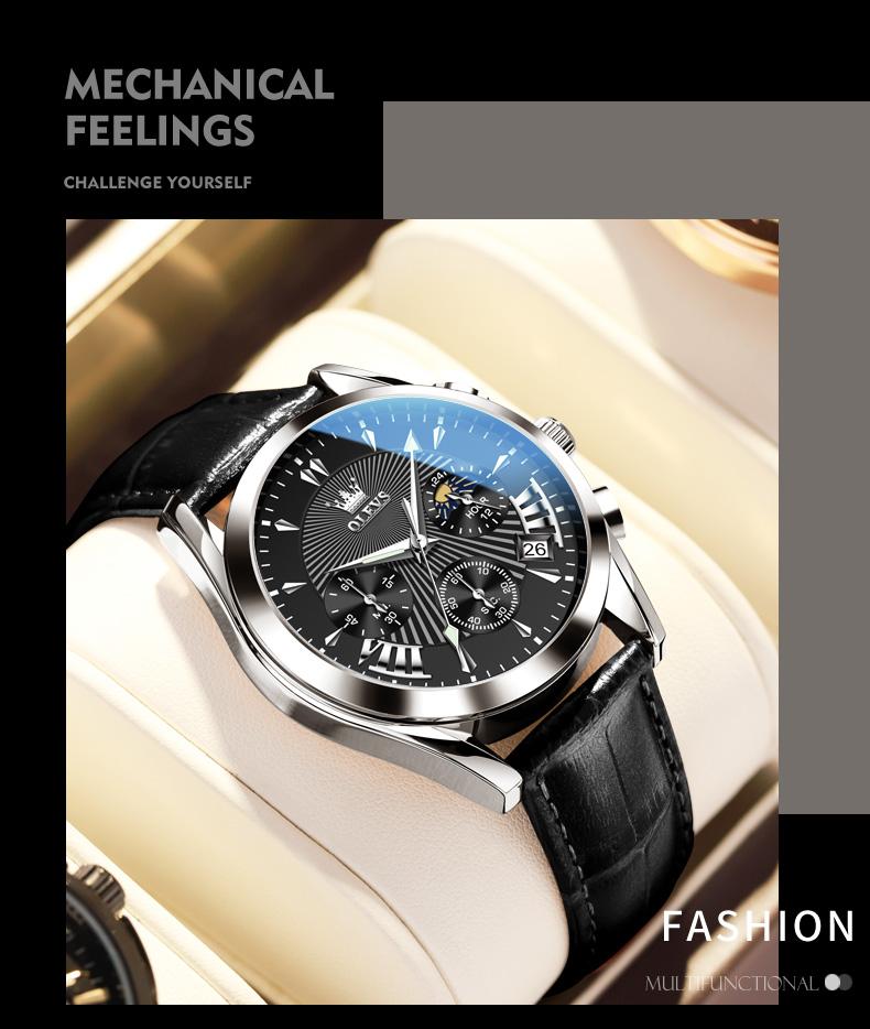 OLEVS Men’s Chronograph Watch Leather Strap Waterproof Quartz Wristwatch with Date Moon Phase Luminous Hands Business Casual Gift for Men 2876