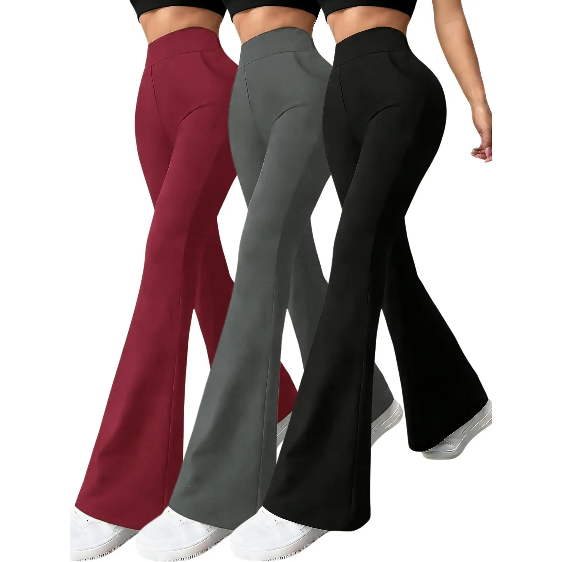 Women Flare Pants, Black Grey Red Trio Pack, Slim Fit & Booty Lifting, Comfy Stretchy Bell-Bottoms For Fits
