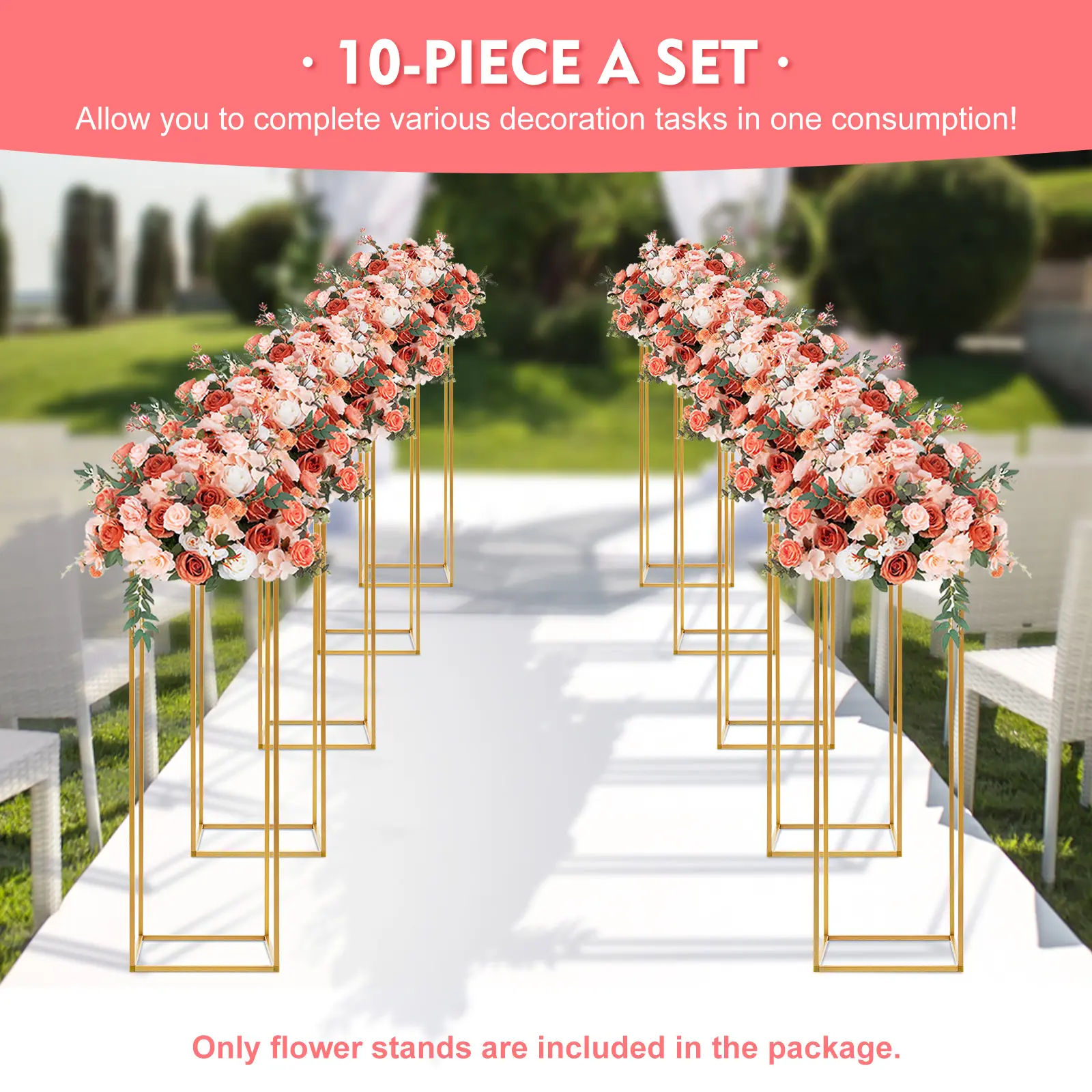 10-Piece Modern Gold Iron & Plastic Rectangle Flower Stand Set - Sturdy, Stable, Simple & Quick Setup Home Supplies Display Rack (10kg Components) with Hammer for Wedding Centerpieces, Home Decoration, Room Decor