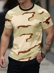 Desert Camo Round Neck T-Shirt, Vintage Military Casual Top, Fitted Long Sleeve, Print Pattern, Men's Fashion Clothing