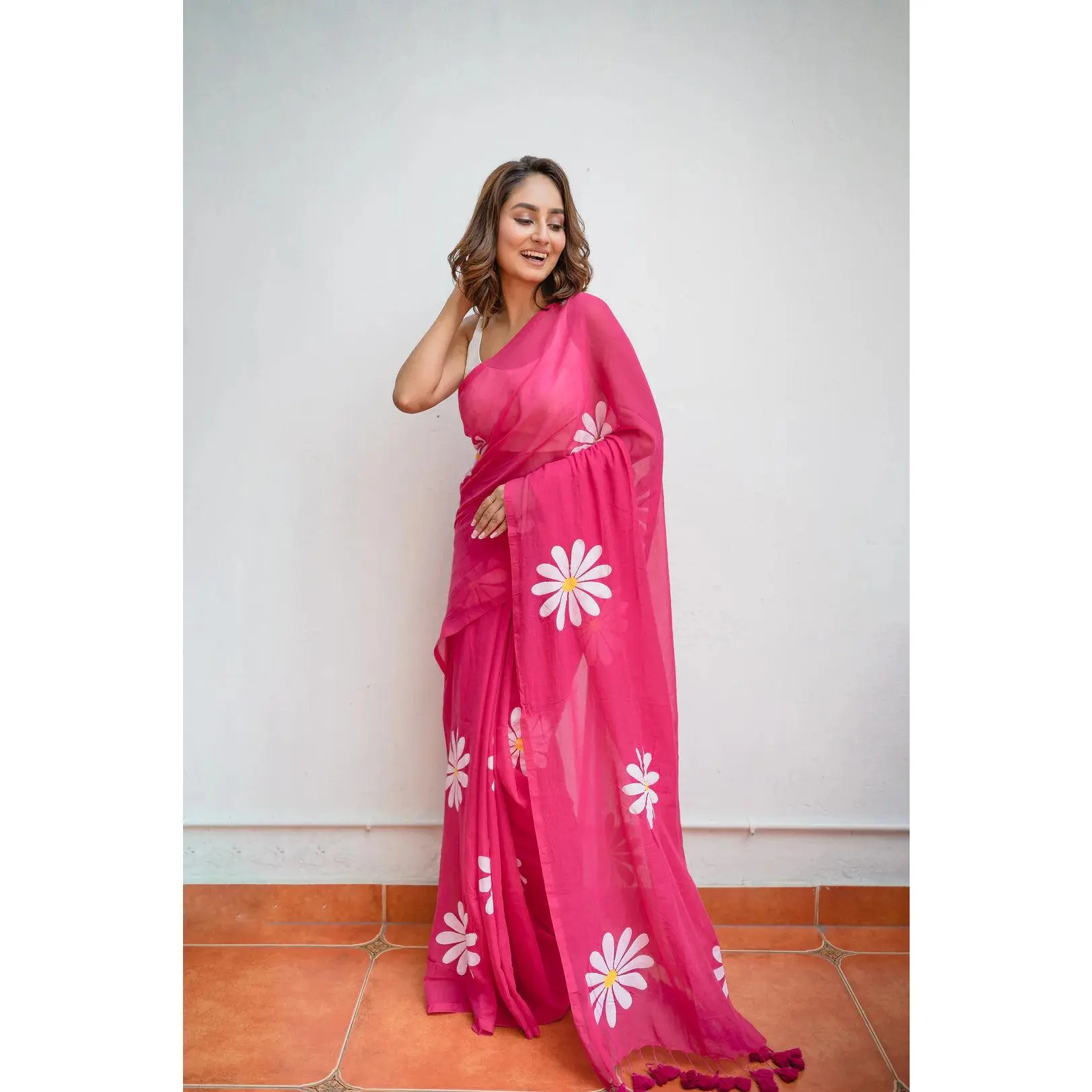 Pink Flower Mulmul Cotton Saree