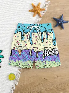 Boys' Colorful Ice Cream Print Swim Trunks, Elastic Waist Beach Shorts, Comfortable Clothing, Perfect for Vacation Casual Wear