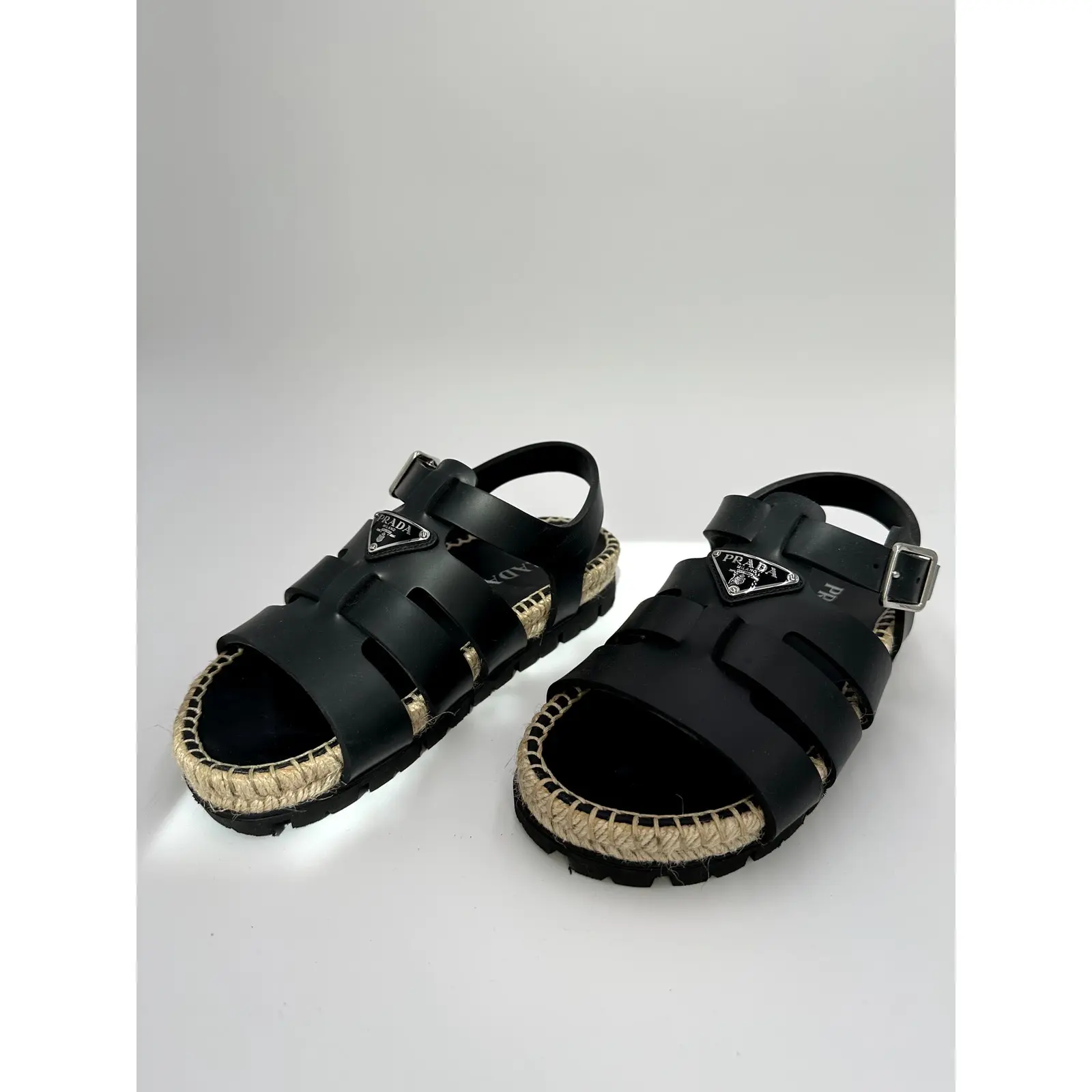 Prada Black Rubber Triangle Logo Espadrille Fisherman Sandals #7 Size 36/6 (Runs 1/2 Larger), Shoe, Footwear
