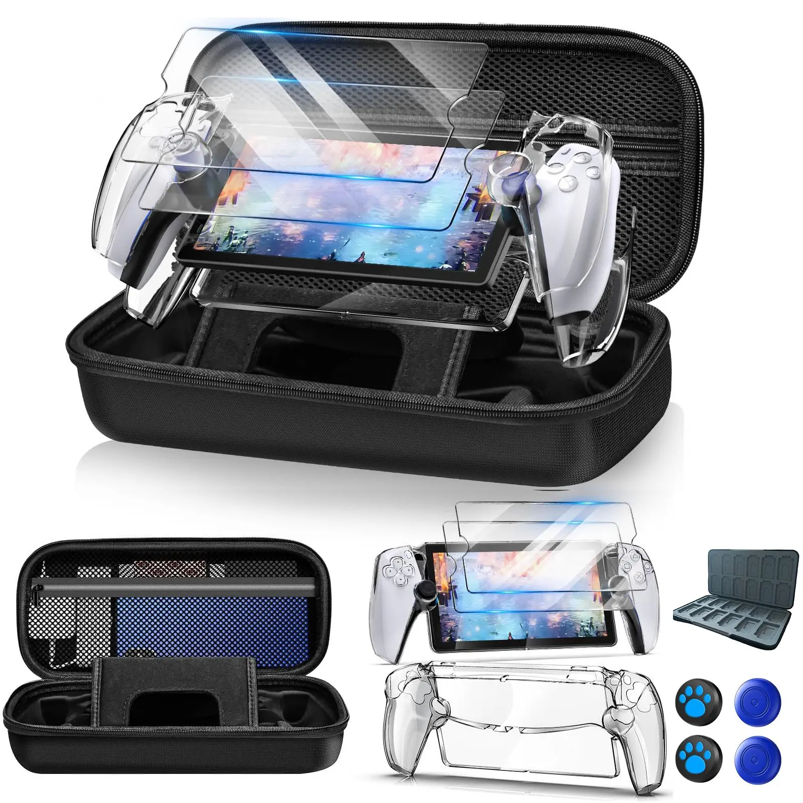 12-in-1 Accessories Kit for PlayStation Portal Remote Controller with Clear Skin, PS5 Portal Hard Carrying Case, Includes 2 Screen Protectors, 4 Thumb Grips, 1 Game Card Case & 1 Stickers Application Tools, Controller Cover, Console Controller Accessories
