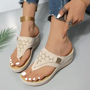 Women's Soft Faux Leather Hollow-Out Perforated Sandals - Platform Wedge, Slanted Heel, Buckle Closure, Breathable Casual Outdoor Sports Shoes with Toe Loop, Shoe, Toe Loop Sandal,summervibes