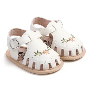 [Lullaby] Baby Girl Sandals, PU Leather Non-slip Embroidery Flower Summer Flats Toddler Shoes for Casual Daily