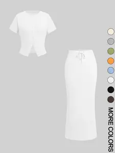 Women's Solid Basic Button Front Tee & Drawstring Split Hem Skirt Two-piece Set, Casual Short Sleeve Round Neck Top & Skirt for Daily Wear, Ladies Two-piece Outfits for All Seasons, Matching Clothing Set Women Minimalist