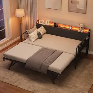 【GARVEE】Modern Twin Size Daybed with Trundle and LED Light, Upholstered Headboard with Charging Station, Sturdy Metal Frame Sofa Bed for Living Room, Bedroom, or Guest Room - Black Iron Frame, Gray Linen Backrest, Vintage Boards