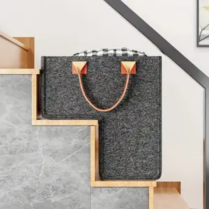 Felt Stair Basket 16-Inch Foldable Storage Solution with Faux Leather Handles, Organiser Dark Gray for Carpeted & Wooden Stairs