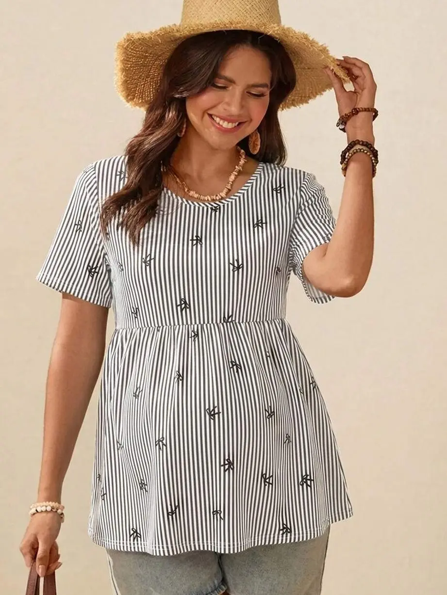 Maternity Striped Ruffle Hem Blouse - Bow Detail & Short Sleeve Top
