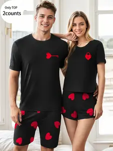 Romantic Valentine's Day Couple Matching Sleepwear Set, Heart Letter Print Short Sleeve Pajamas, Casual Fitted Home Loungewear Clothing for Men and Women, Pjs
