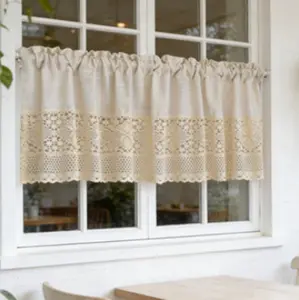 1PC Faux Linen Valance for Windows Farmhouse Kitchen Valances Patching Retro Crochet Edging Rod Pocket Farmhouse Country Rustic Bathroom Small Window Treatment (59x18 inch, Natural)