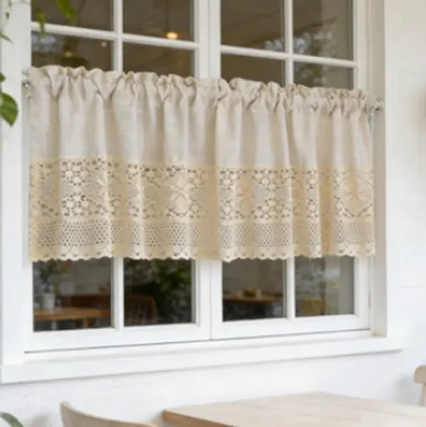 1PC Faux Linen Window Valance - Home Decoration Curtain with Retro Crochet Edging, Rod Pocket, Patching Detail - Farmhouse Style Refresh for Small/Narrow Windows, Kitchen/Bathroom (59X18" in, Natural)